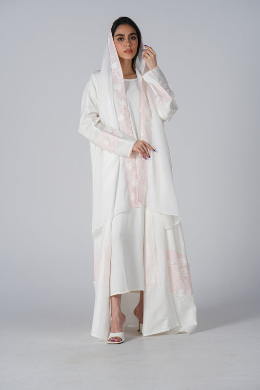 Linen White Abaya With Pink Flowers